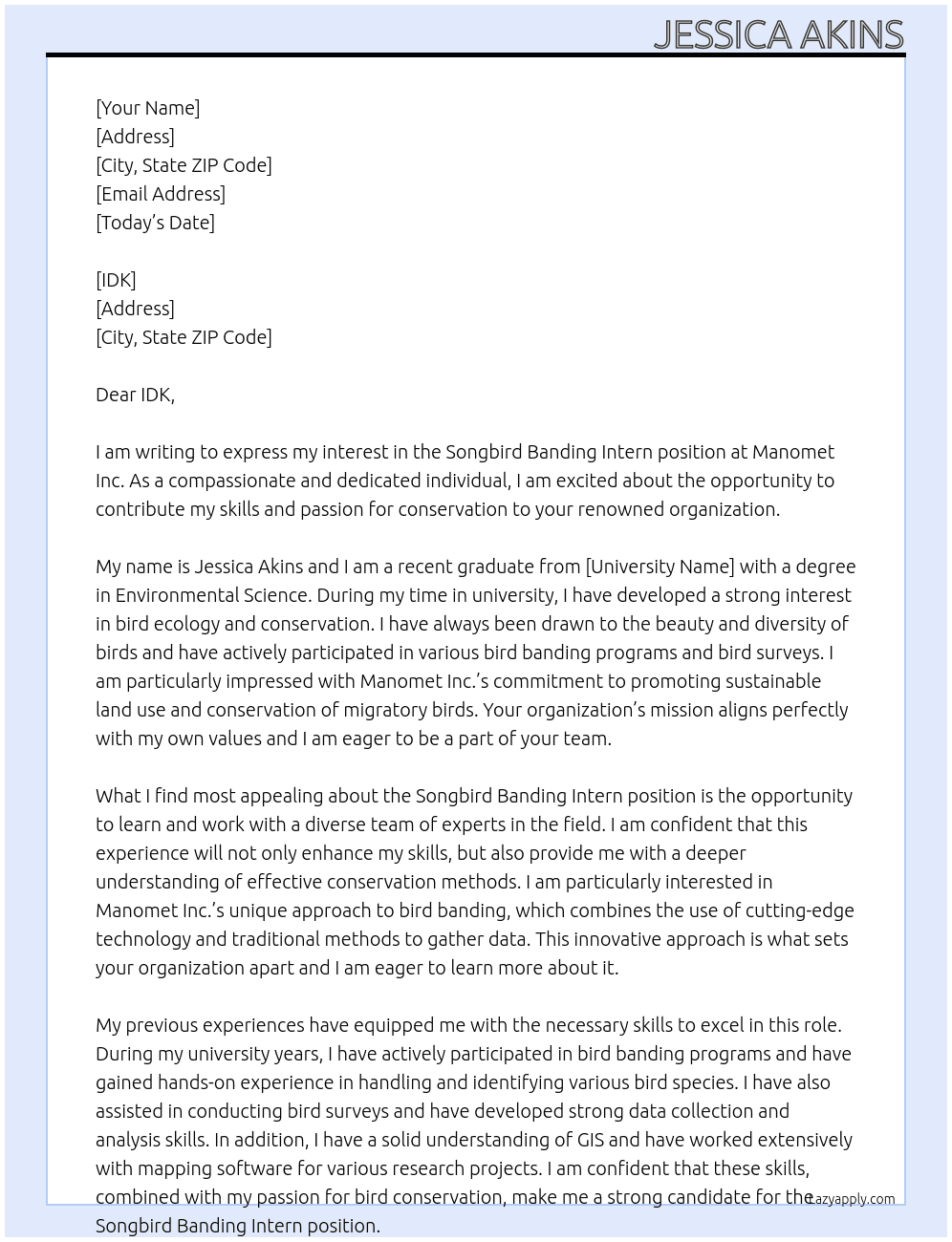 Songbird banding intern At Manomet Inc. Cover Letter