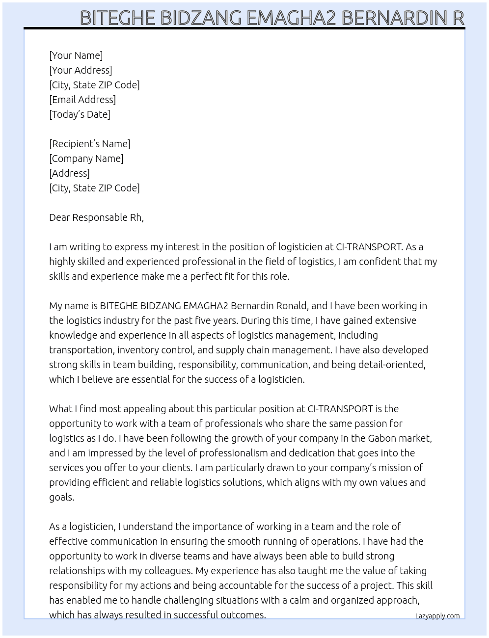 logisticien At CI-TRANSPORT Cover Letter