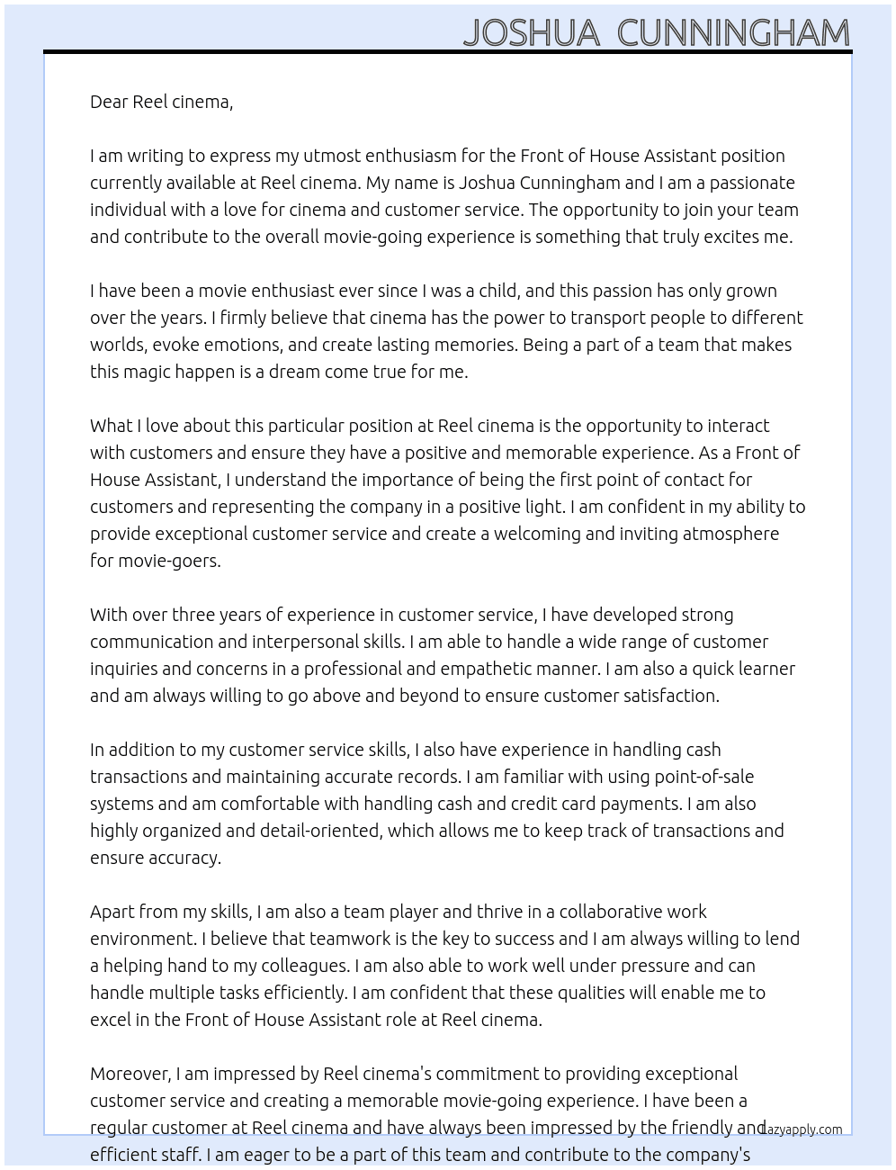 Front of house assistant  At Reel cinema Cover Letter