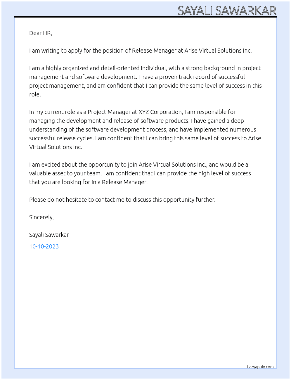 Release Manager  At Arise Virtual Solutions Inc. Cover Letter