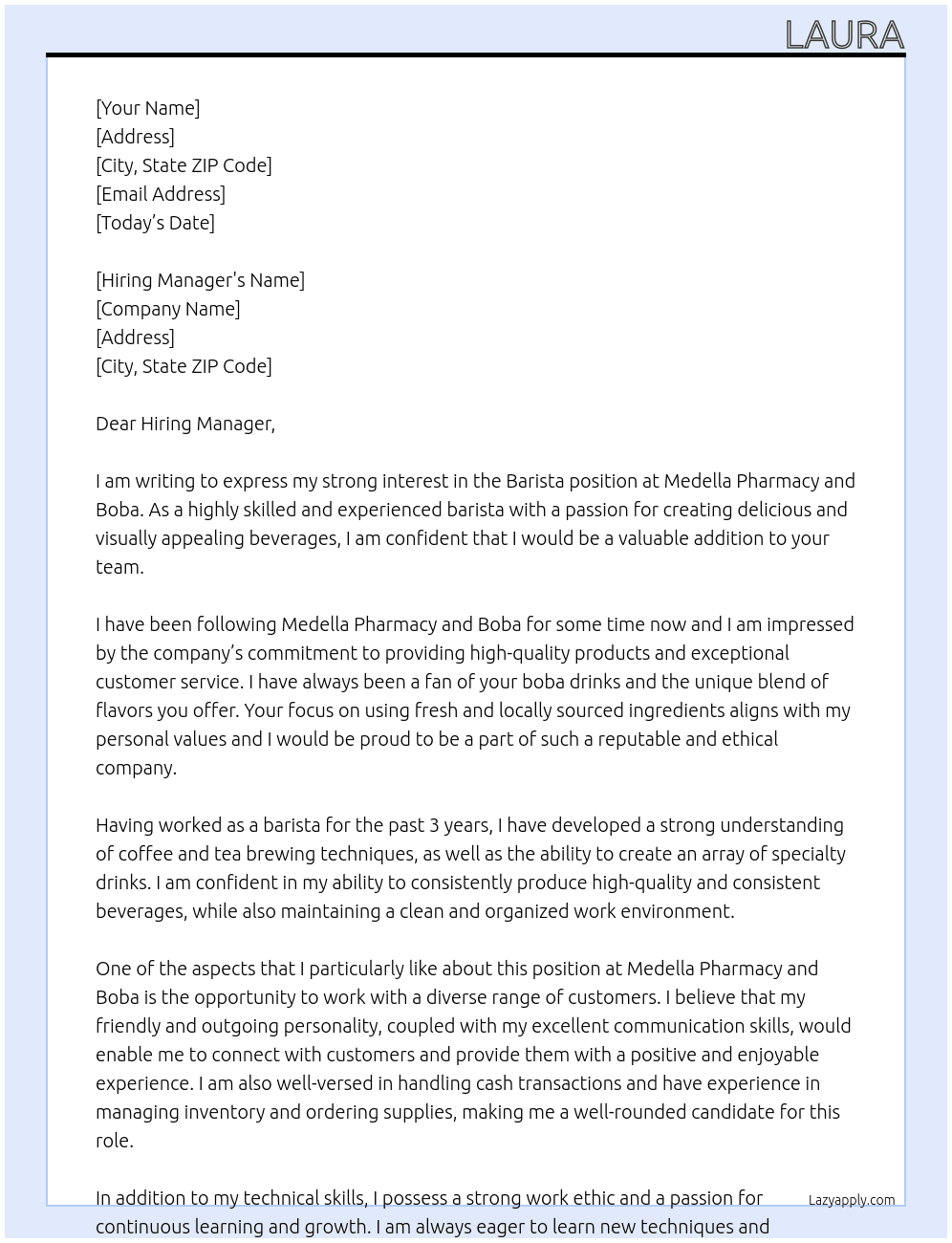 Barista At Medella Pharmacy and Boba Cover Letter