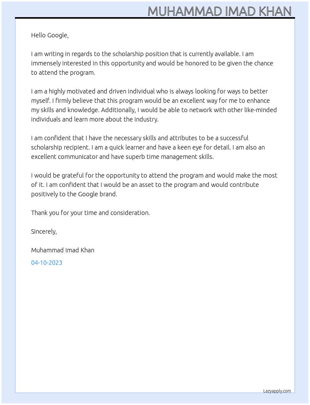 Scholarship  At Google  Cover Letter
