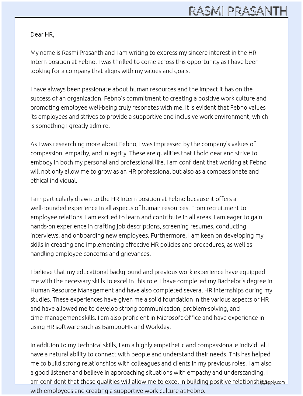 hr intern At febno Cover Letter