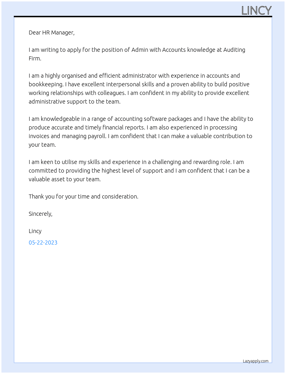 Admin with Accounts knowledge  At Auditing Firm Cover Letter
