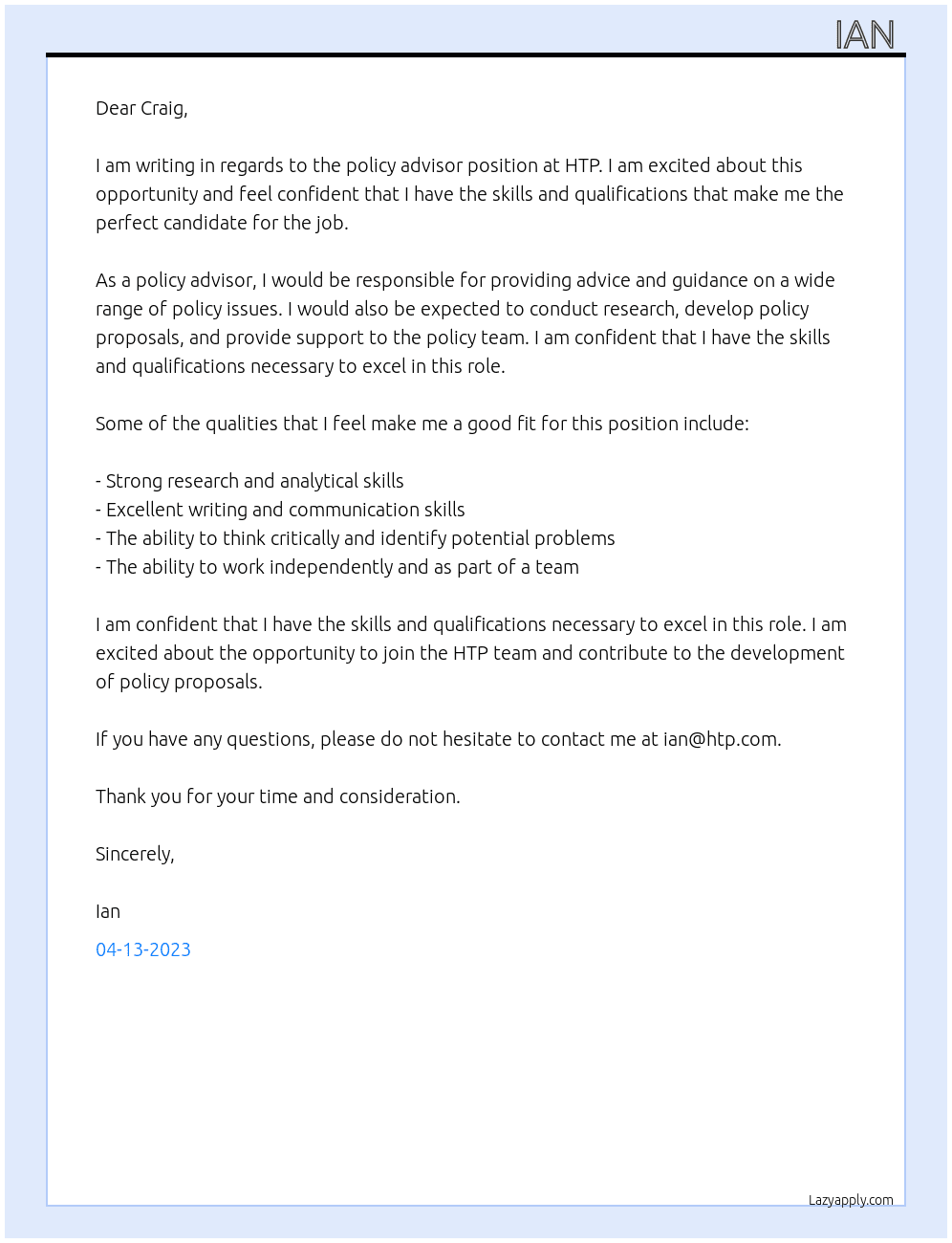 Policy advisor  At HTP Cover Letter