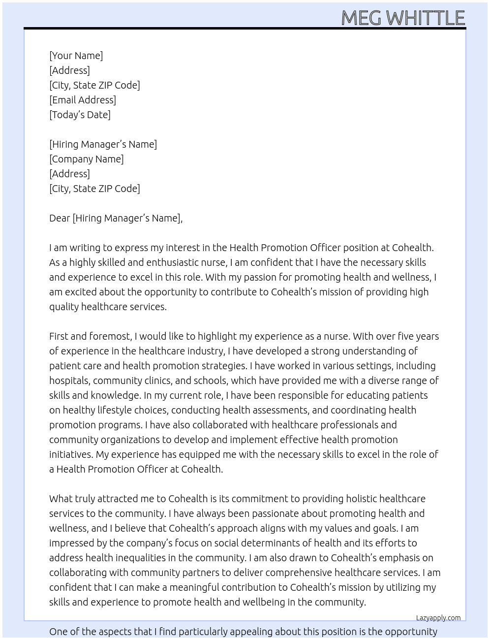 Health Promotion Office At Cohealth Cover Letter