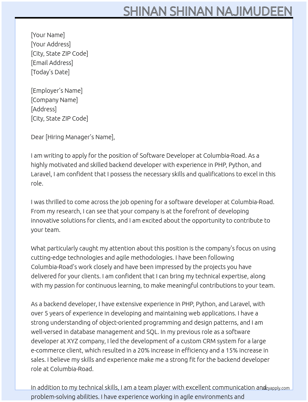 software developer At columbia-road Cover Letter