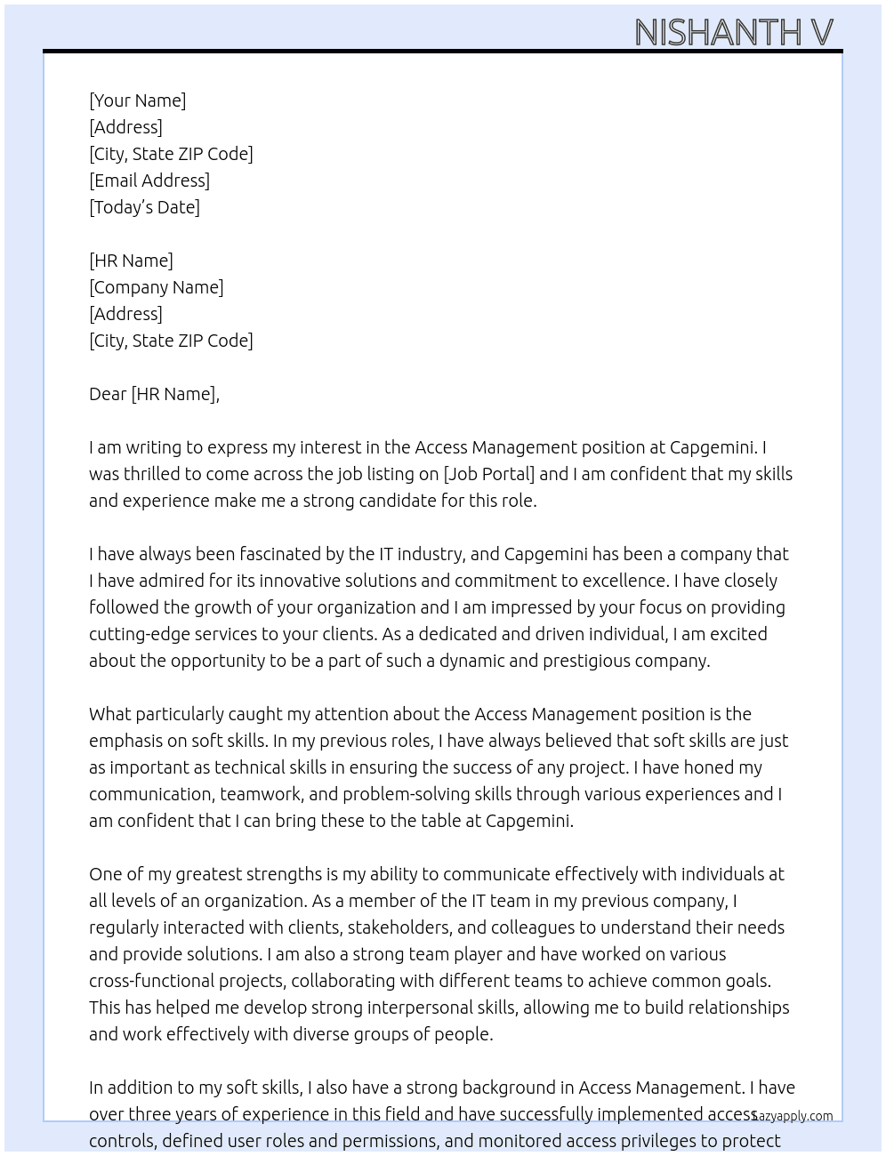 Access Management  At Capgemini is Hiring for Access Management  Cover Letter