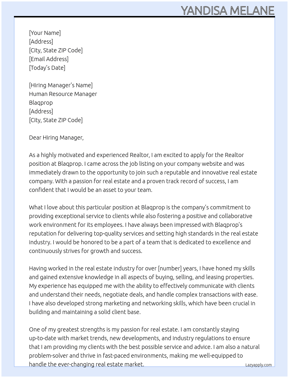 Realtor  At Blaqprop Cover Letter