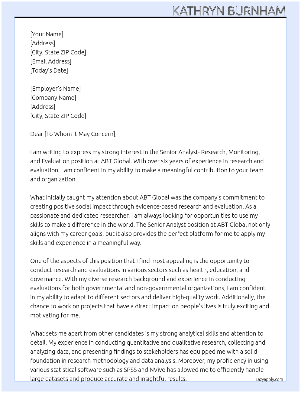 Senior Analyst- Research, Monitoring, and Evaluation At ABT Global Cover Letter