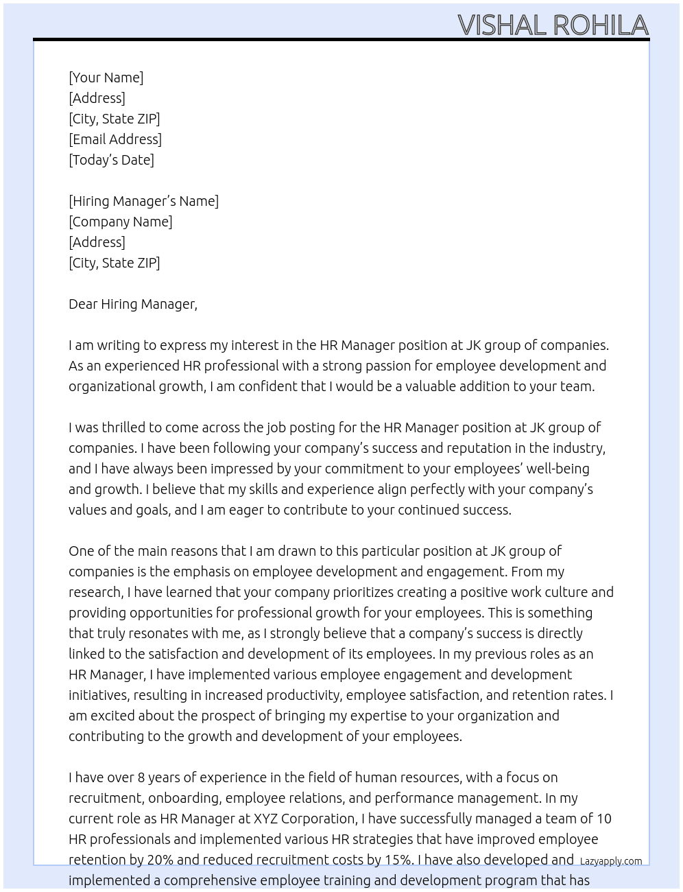 HR Manager At JK group of companies Cover Letter