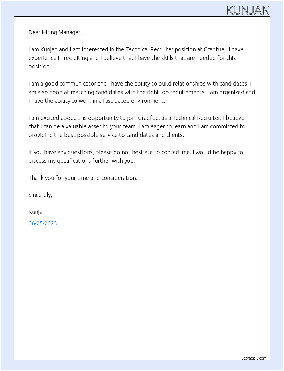 Technical Recruiter At Gradfuel Cover Letter