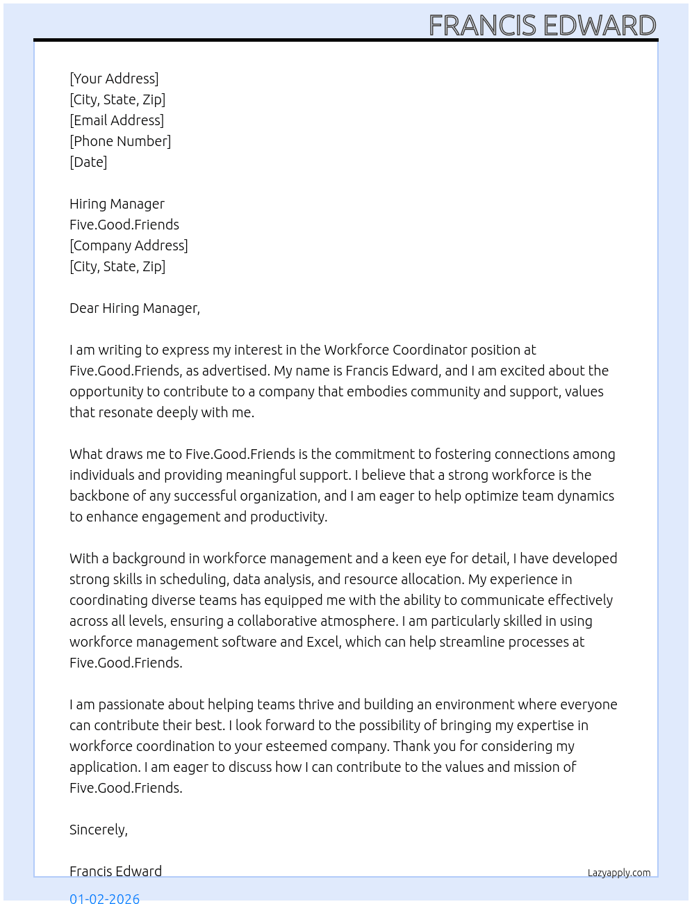 Workforce Coordinator At Five.Good.Friends Cover Letter