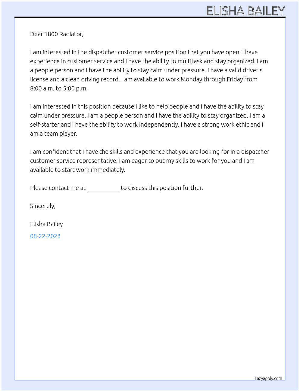 dispatcher customer service At 1800 Radiator  Cover Letter