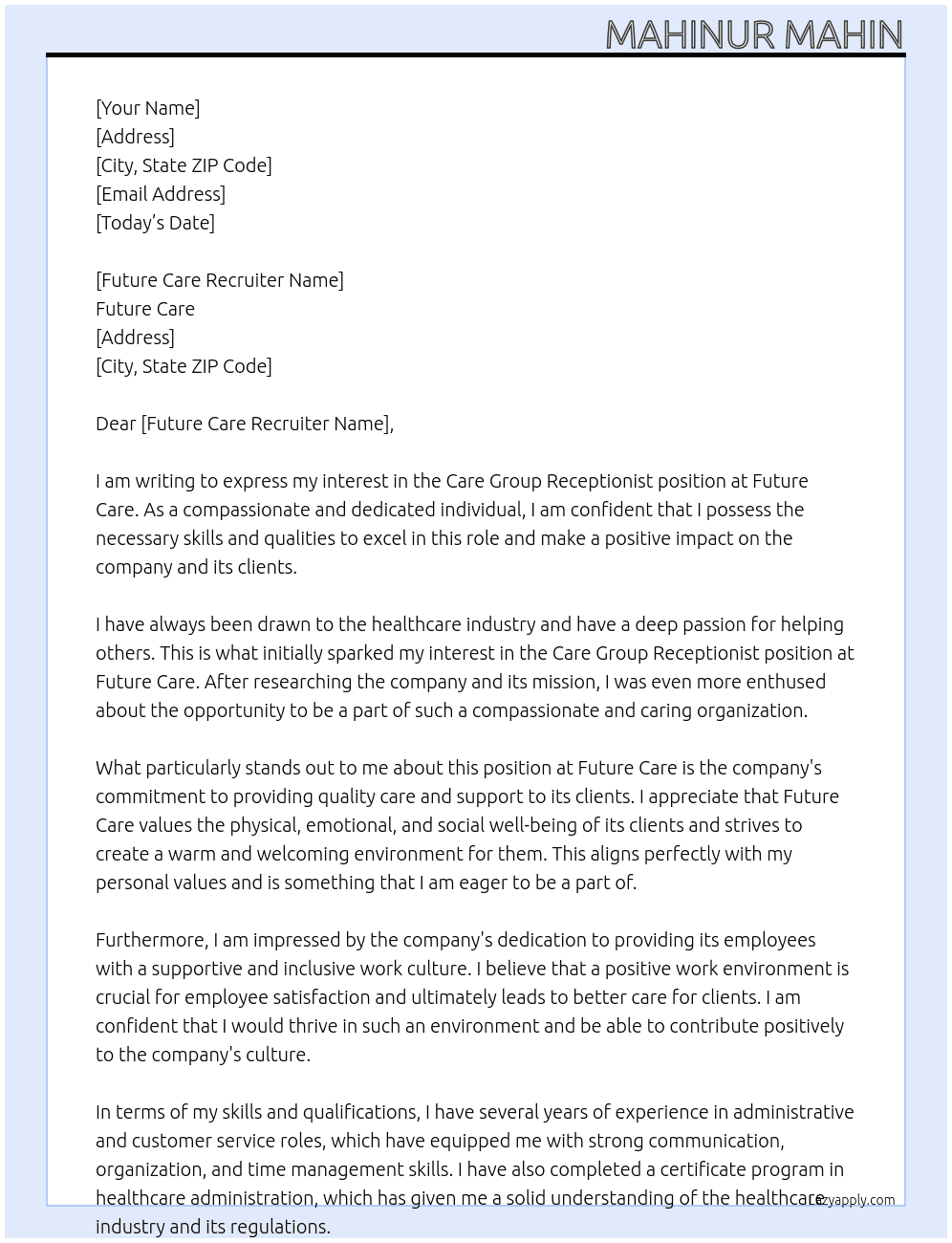 Care group receptionist At Future Care Cover Letter