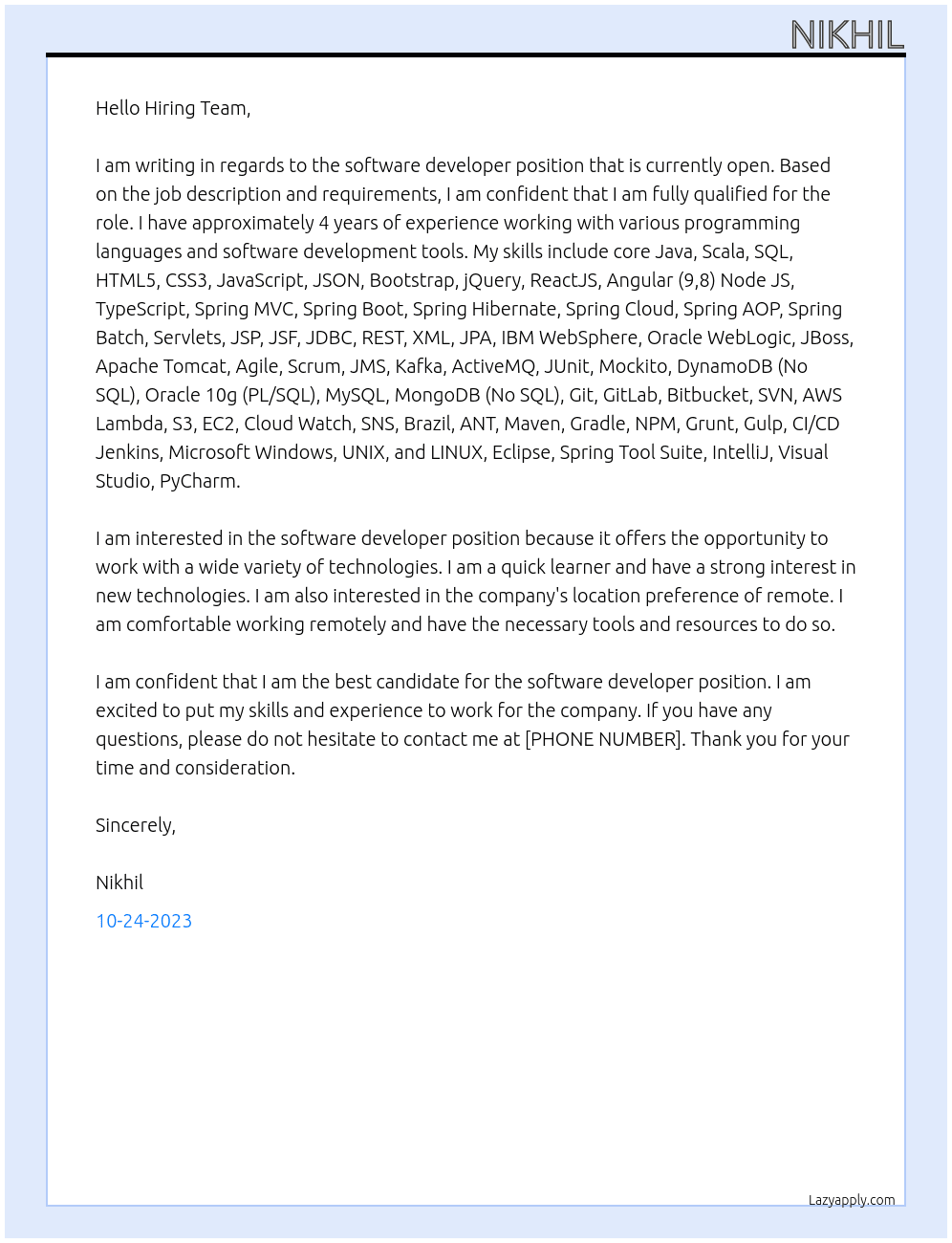 Software Developer At Dropboz Cover Letter