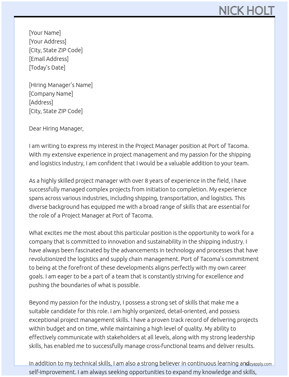 Project Manager At Port of Tacoma Cover Letter