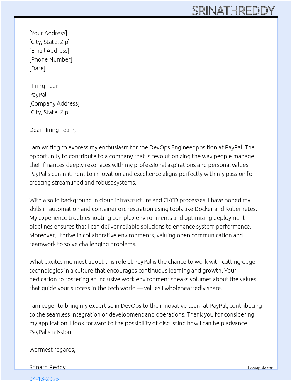 Devops engineer  At Paypal Cover Letter