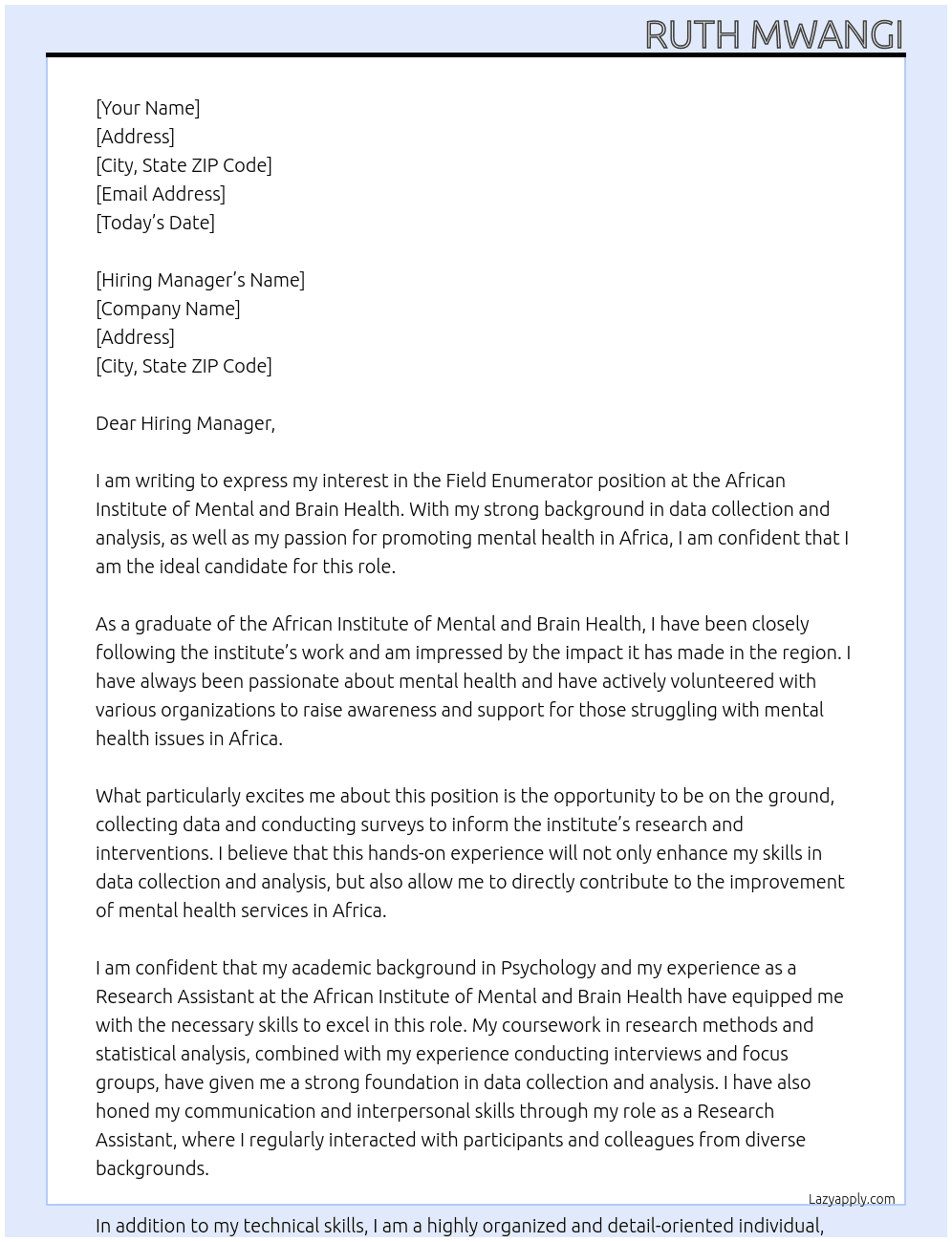 Field Enumerator At African Institute of Mental and Brain Health  Cover Letter