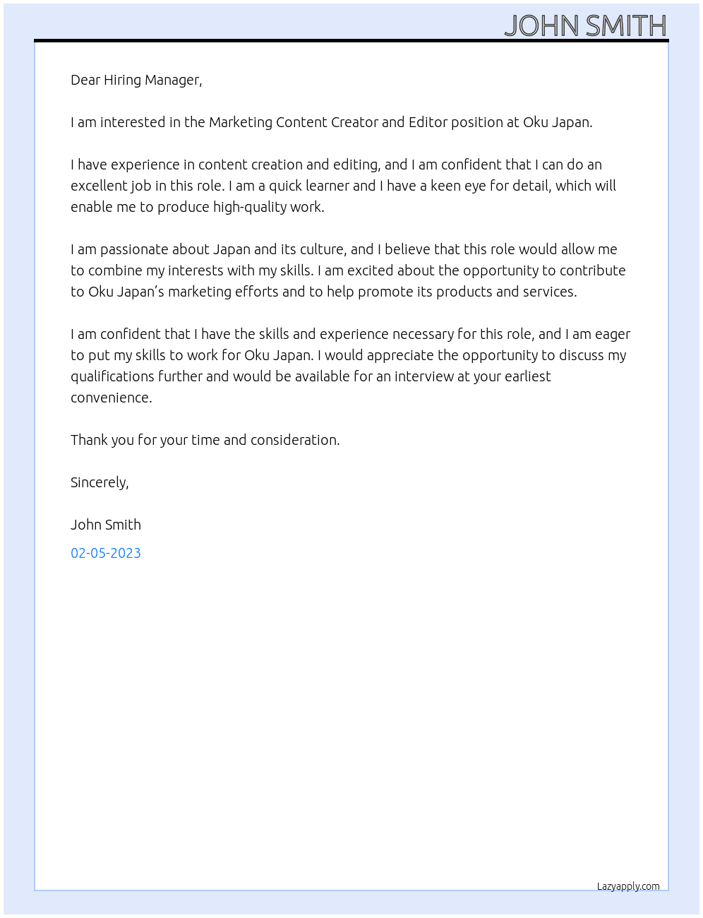 Marketing Content Creator and Editor At Oku Japan Cover Letter