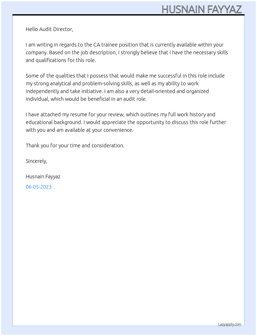 CA trainee  At Muhammad Naeem  Cover Letter