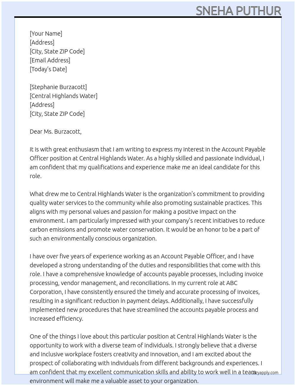 Account payable officer At Central Highlands water Cover Letter
