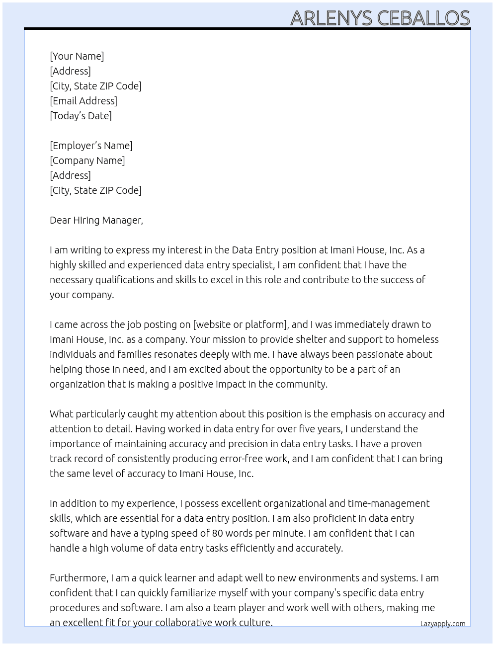Data Entry At Imani House, Inc. Cover Letter