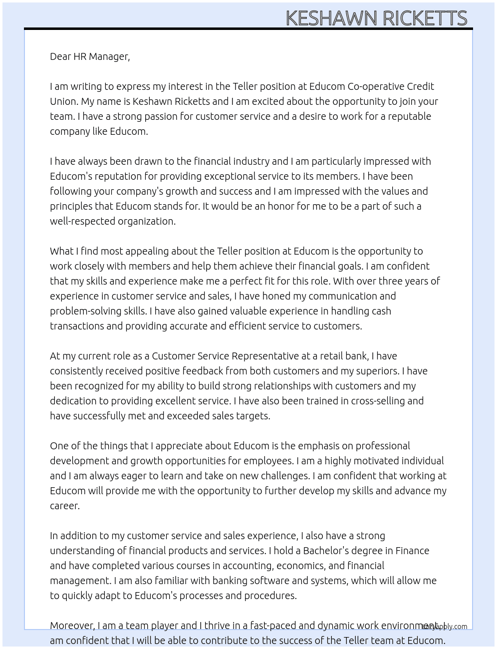 Teller  At Educom Co-operative Credit Union  Cover Letter