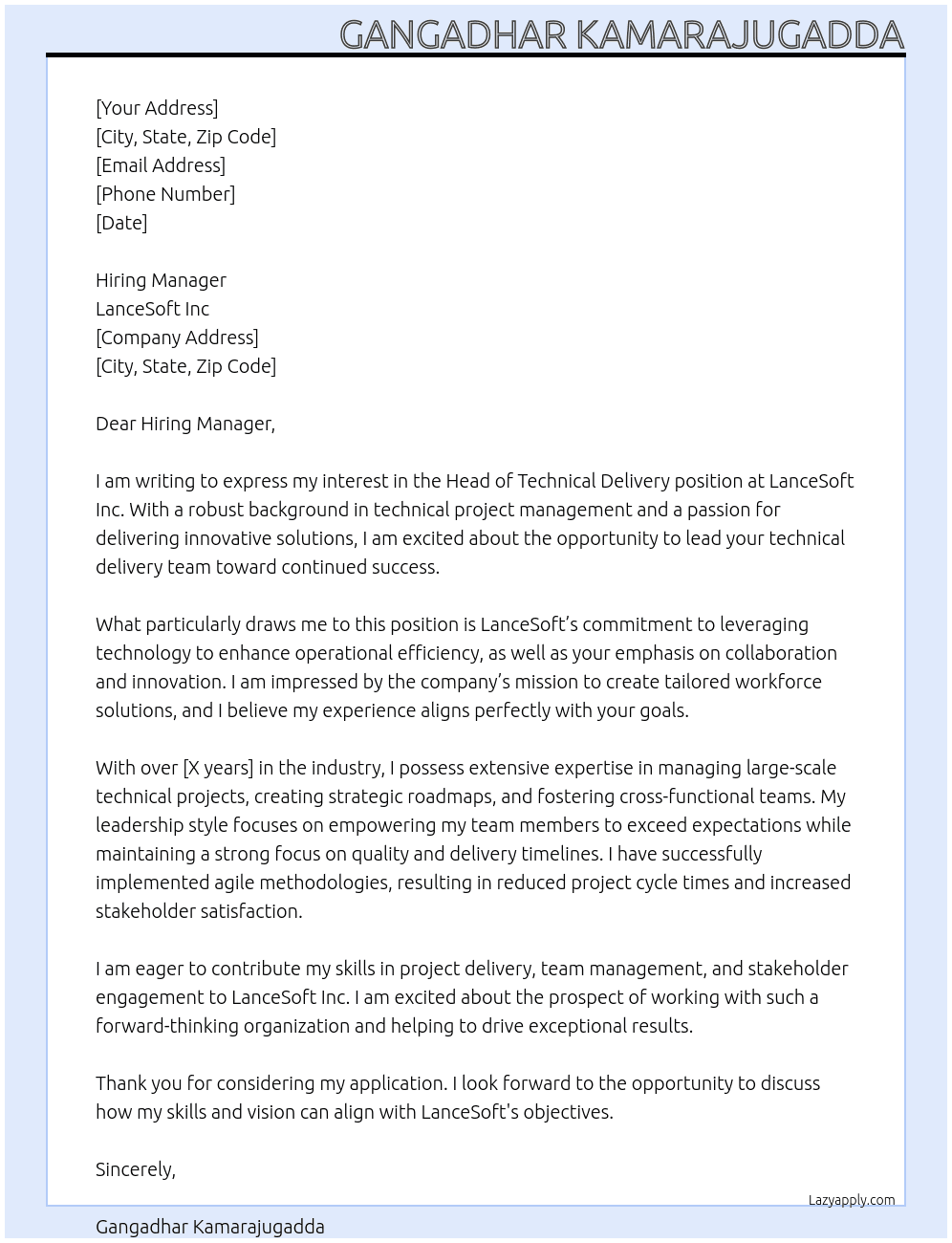 Head of Technical Delivery At LanceSoft Inc Cover Letter