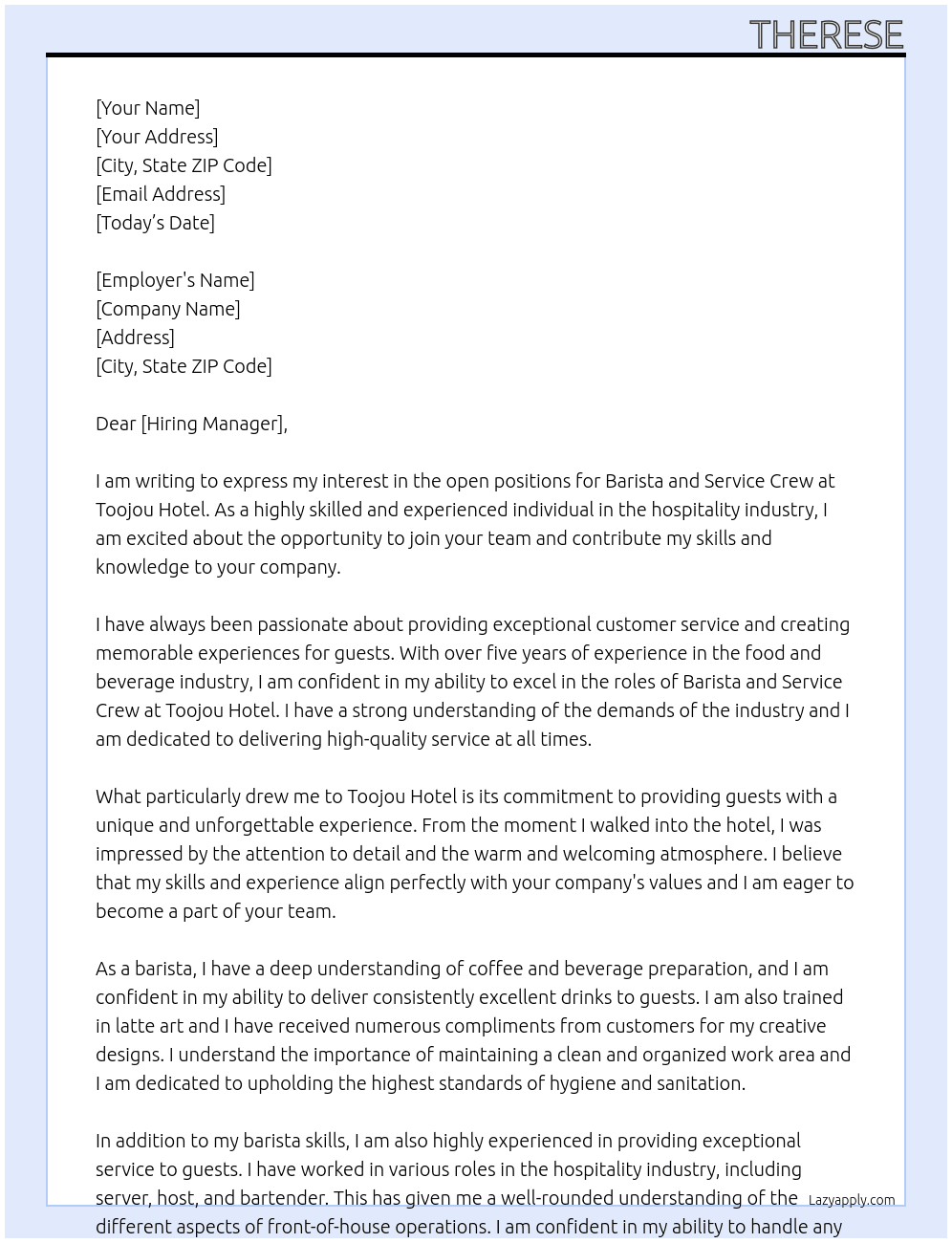 barista and service crew At toojou hotel Cover Letter