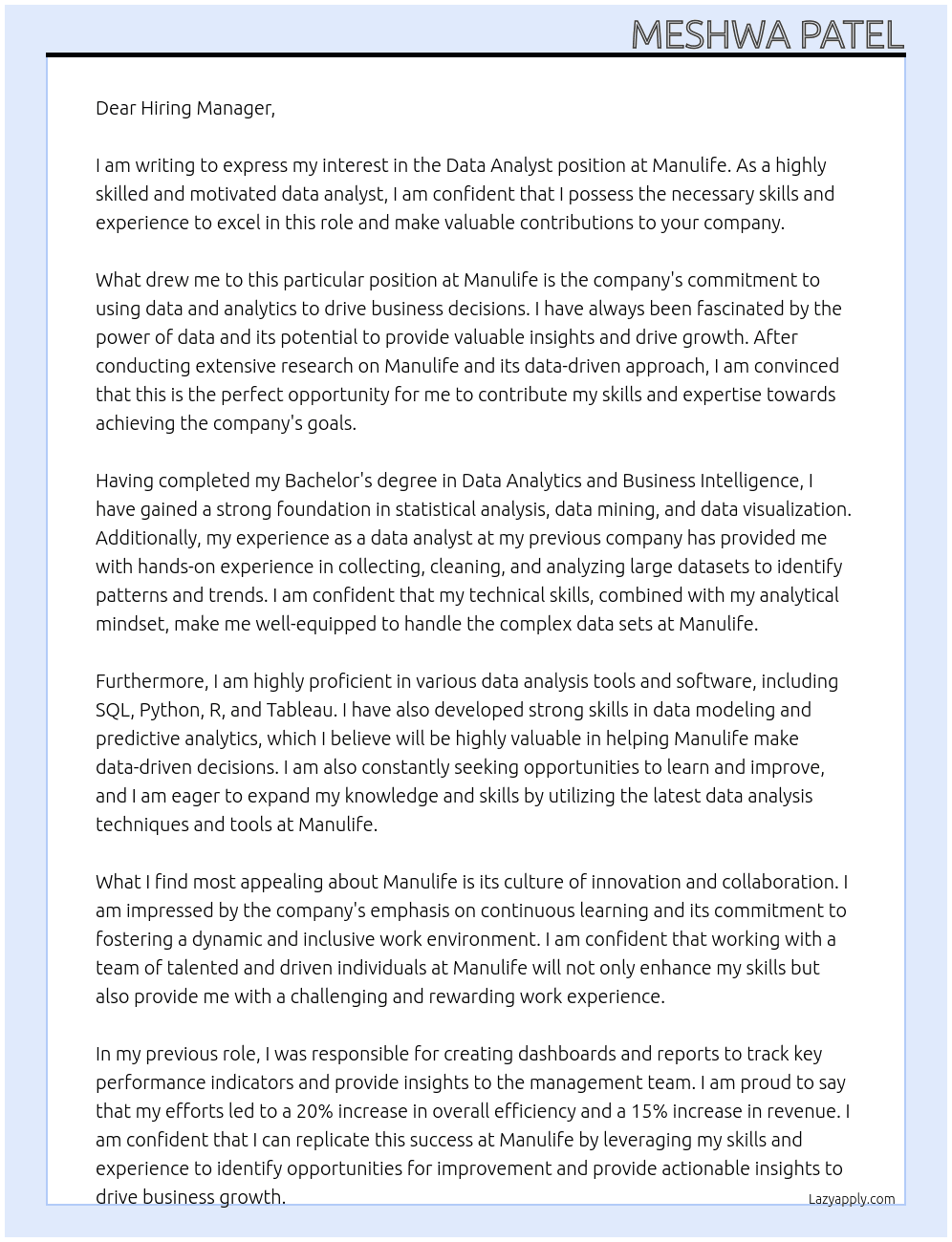 Data Analyst At Manulife Cover Letter