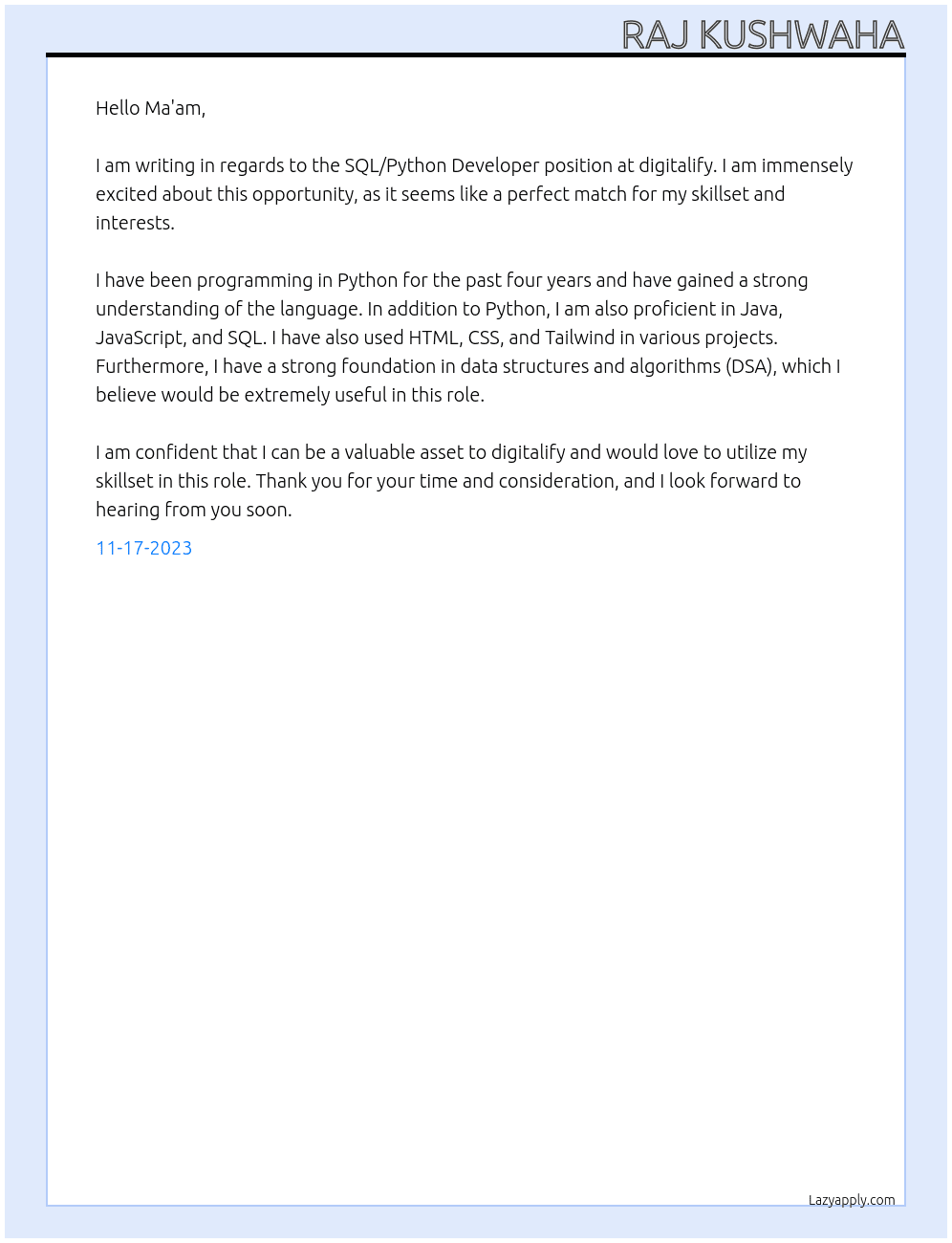 SQl/Python Developer At digitalify Cover Letter