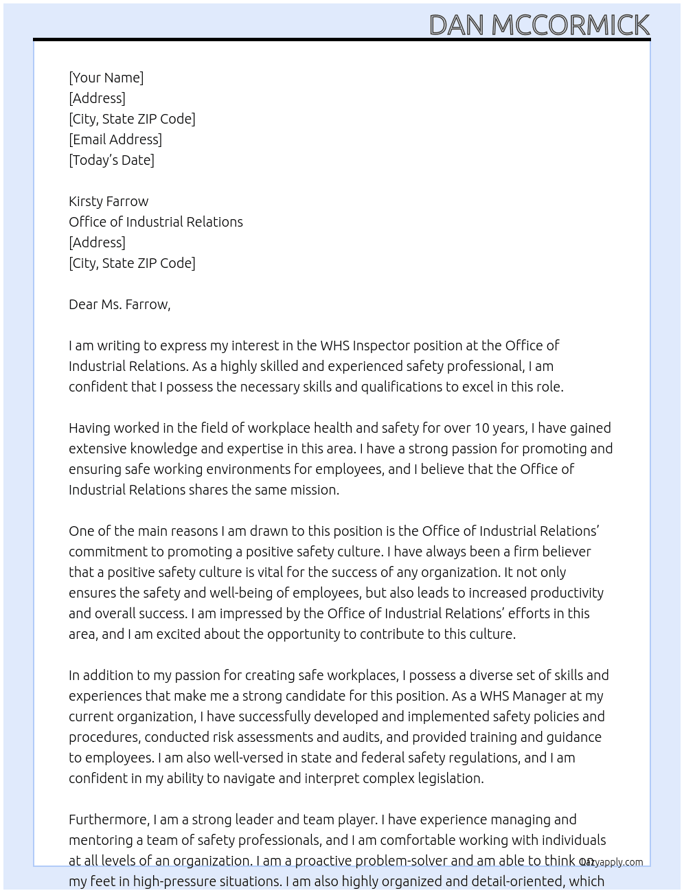 WHS Inspector Position At Office of Industrial Relations  Cover Letter