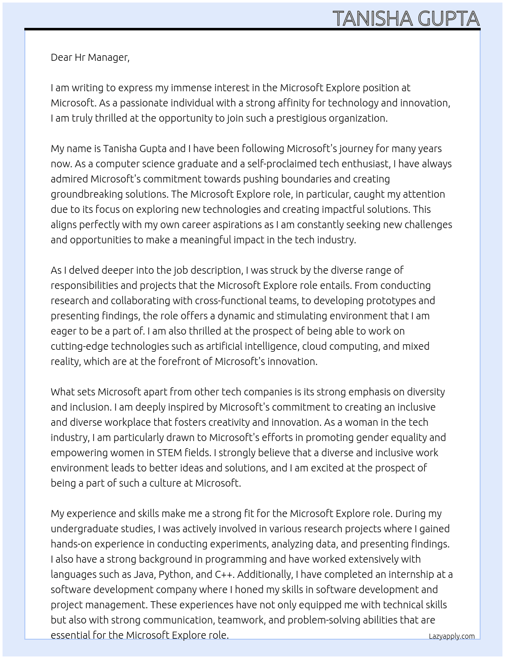 Cover letter for microsoft explore - LazyApply