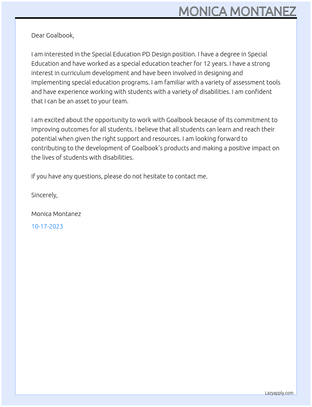 Special Education PD Design At Goalbook Cover Letter