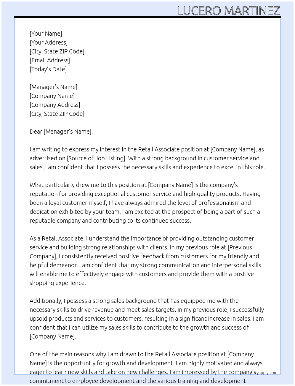 Retail associate  At Associate  Cover Letter