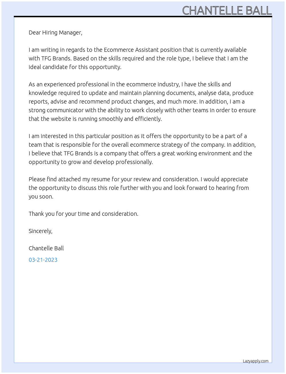 Ecommerce Assistant At TFG Brands  Cover Letter