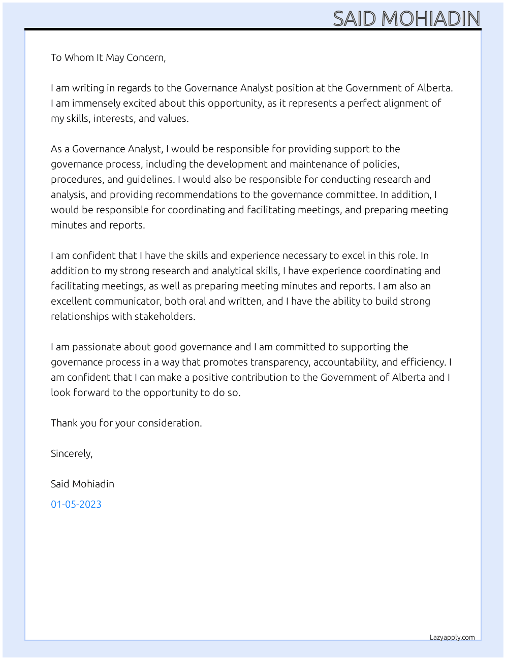 Cover letter for governance analyst - LazyApply