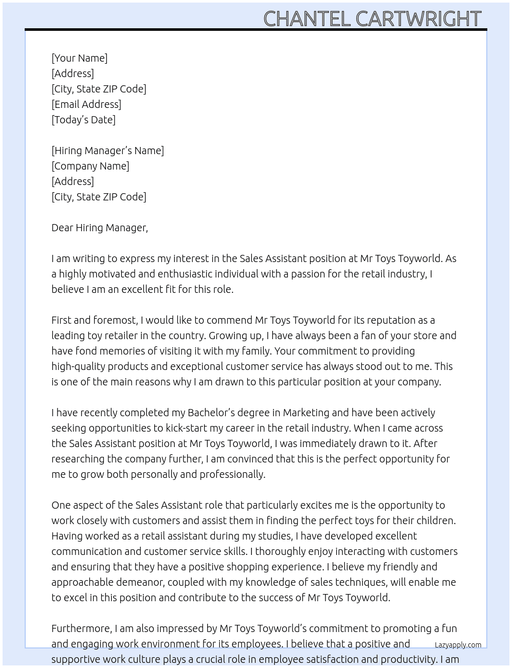 Sales Assistant  At Mr Toys Toyworld Cover Letter