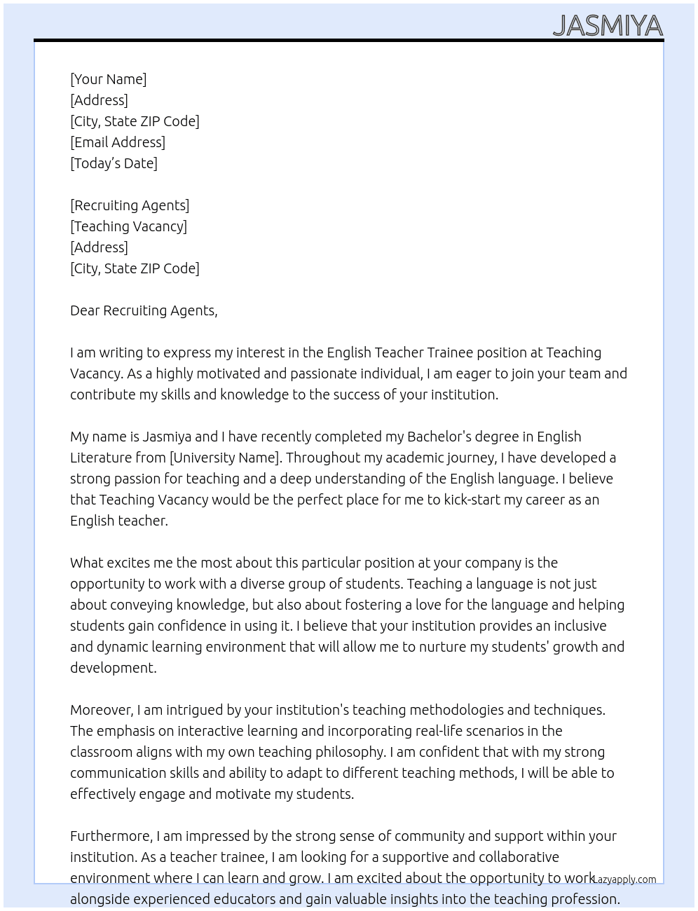 English Teacher Trainee  At Teaching vacancy  Cover Letter