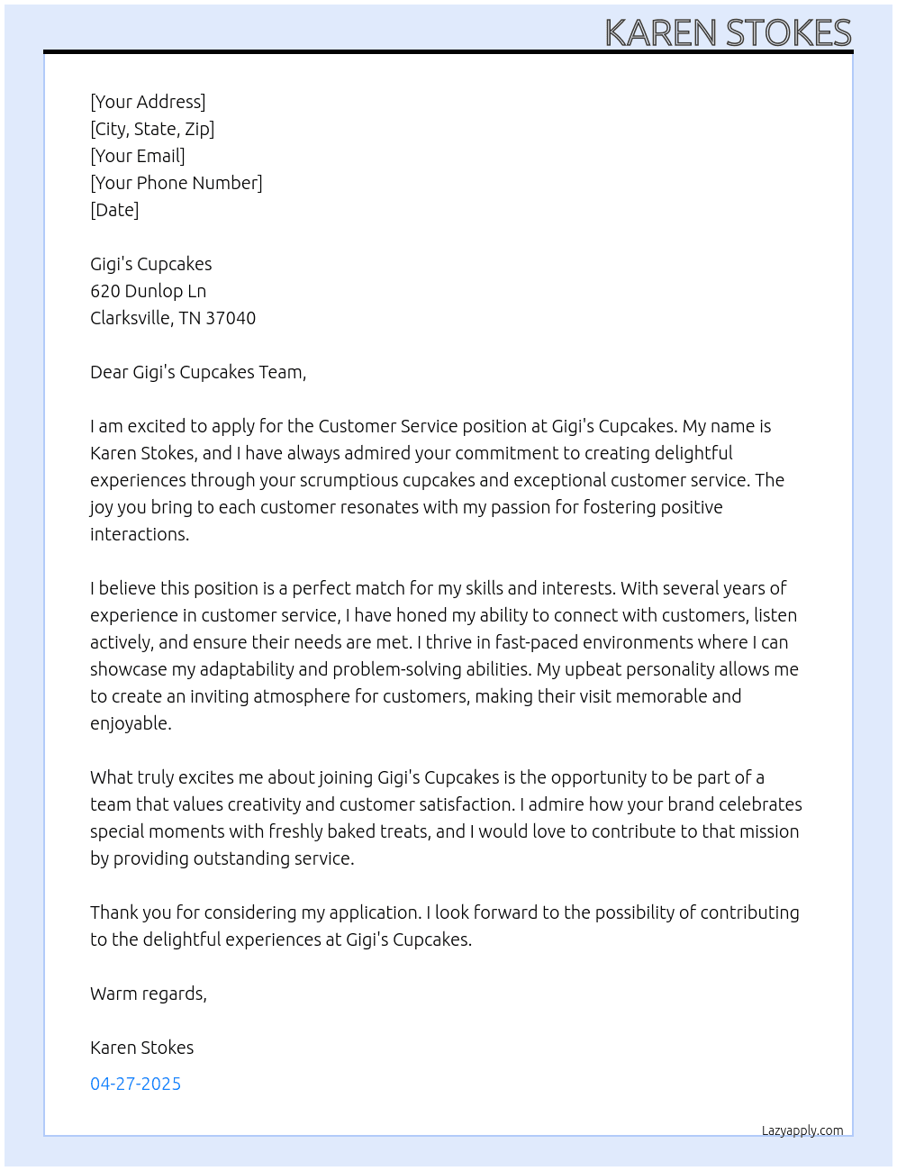 Customer Service At Gigi's Cupcakes Cover Letter