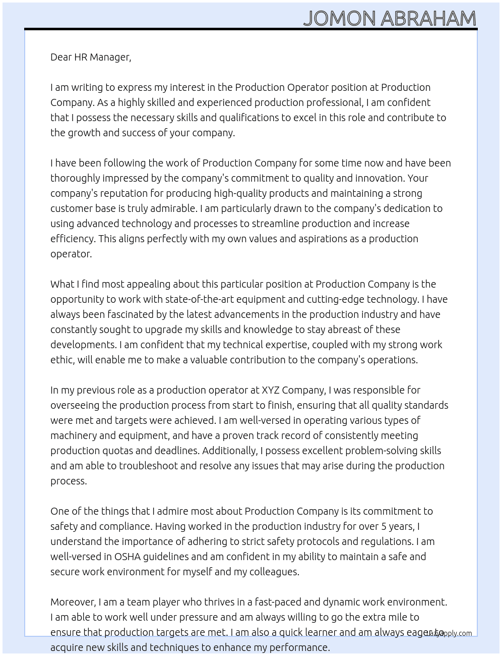 production opratoe At production company Cover Letter