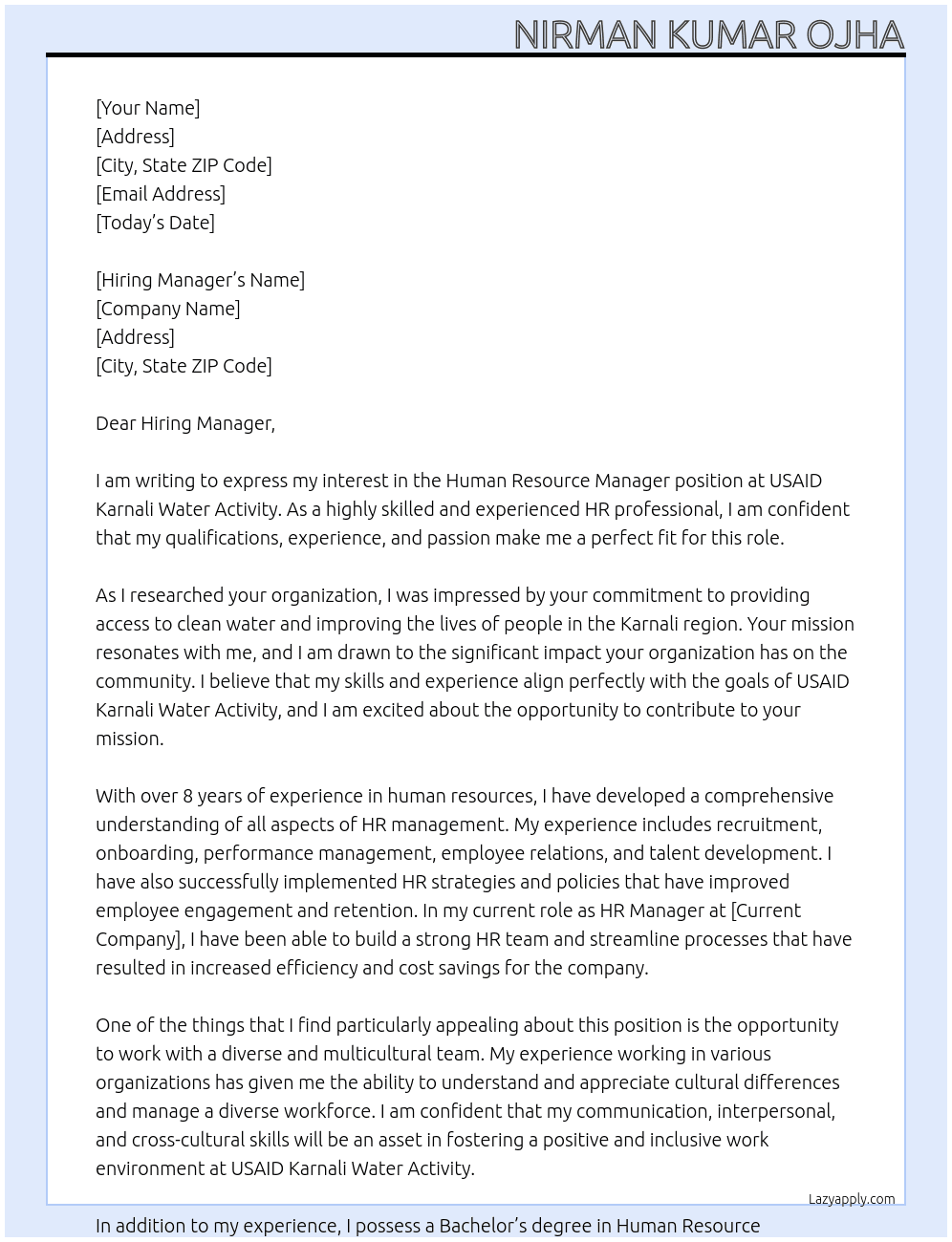 Human Resource Manager At USAID Karnali Water Activity Cover Letter