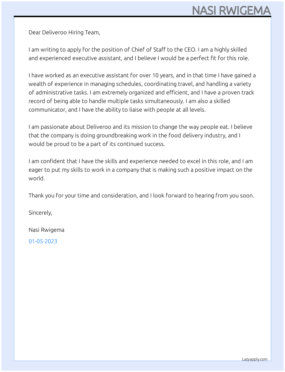 Chief of Staff to the CEO At Deliveroo Cover Letter