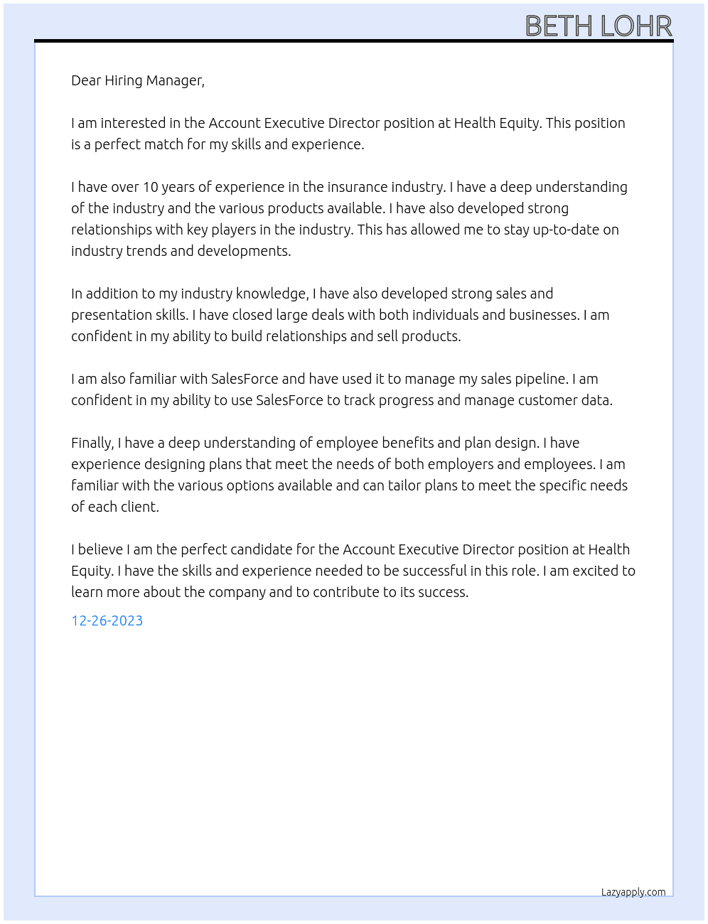 Account Executive Director At Health Equity Cover Letter