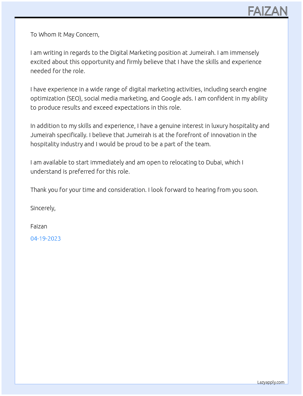 Digital Marketing At Jumeirah Cover Letter