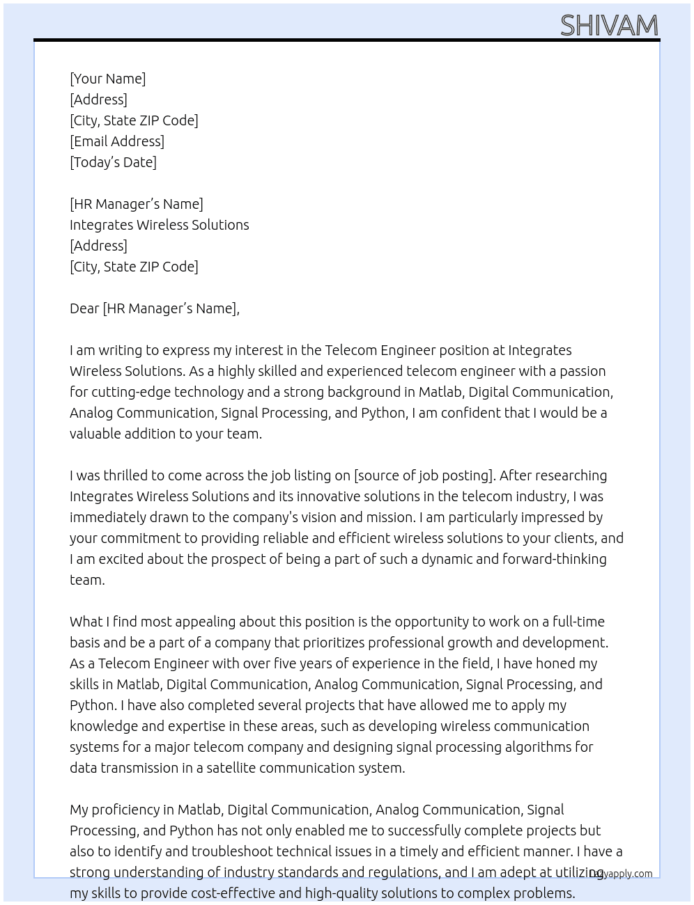 telecom engineer At Integrates wireless solutions Cover Letter