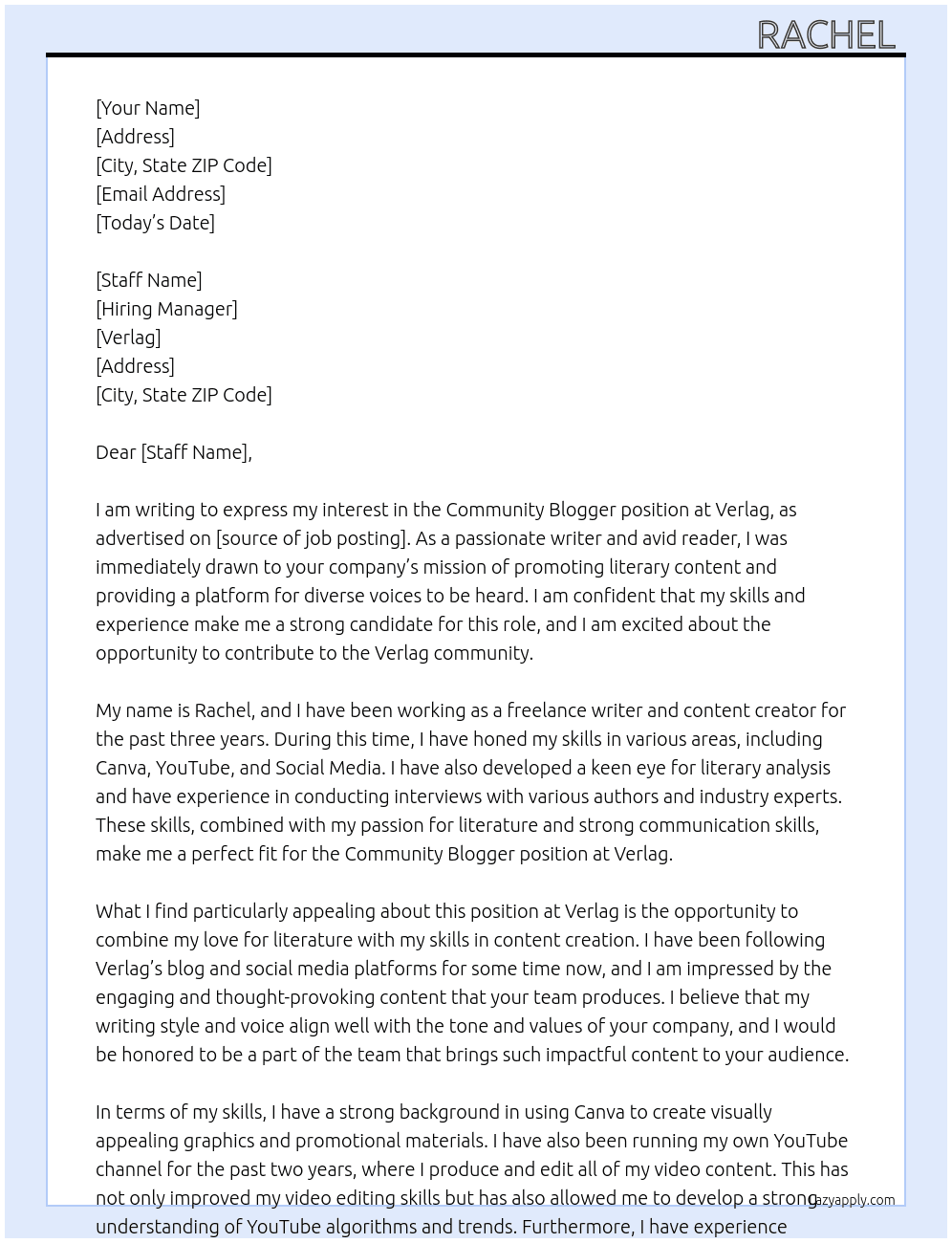 Community Blogger At Verlag Cover Letter