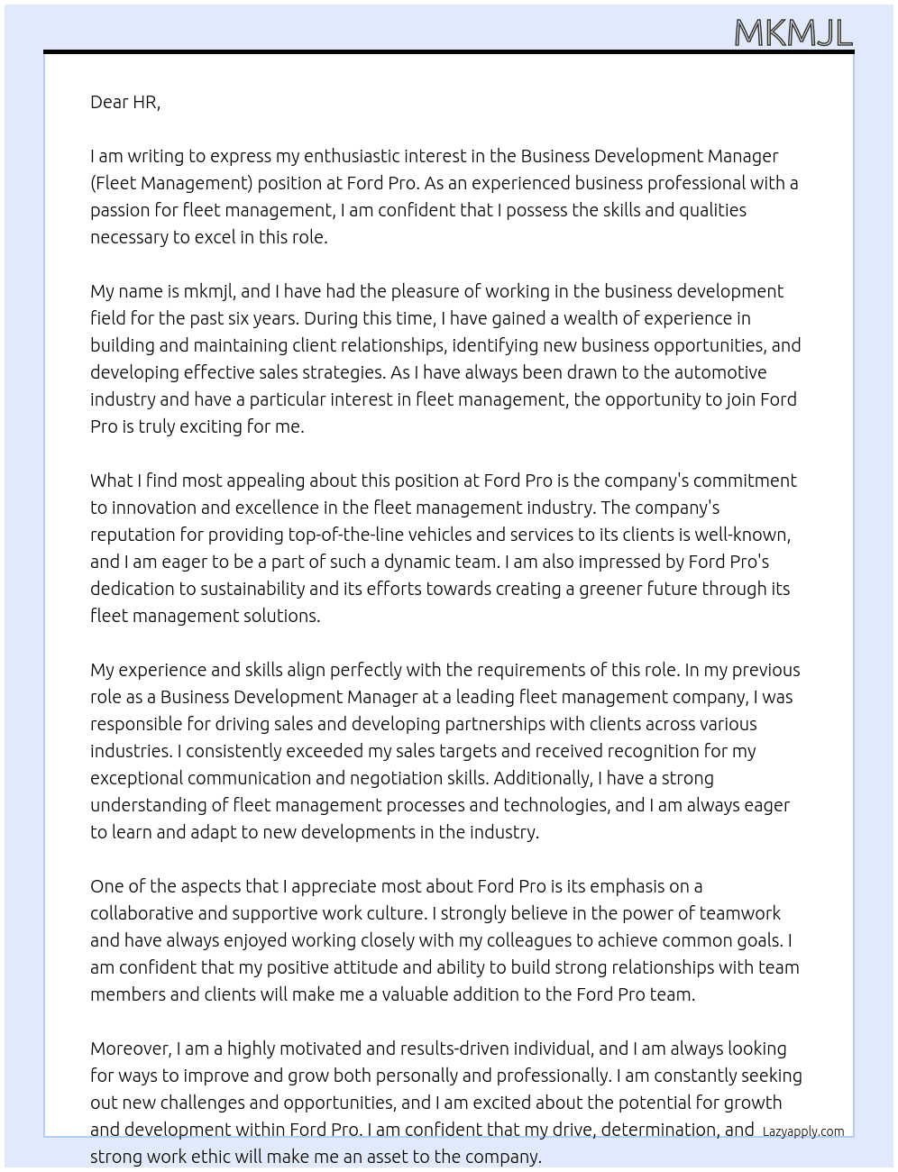 Business Development Manager (Fleet Management) At Ford Pro Cover Letter