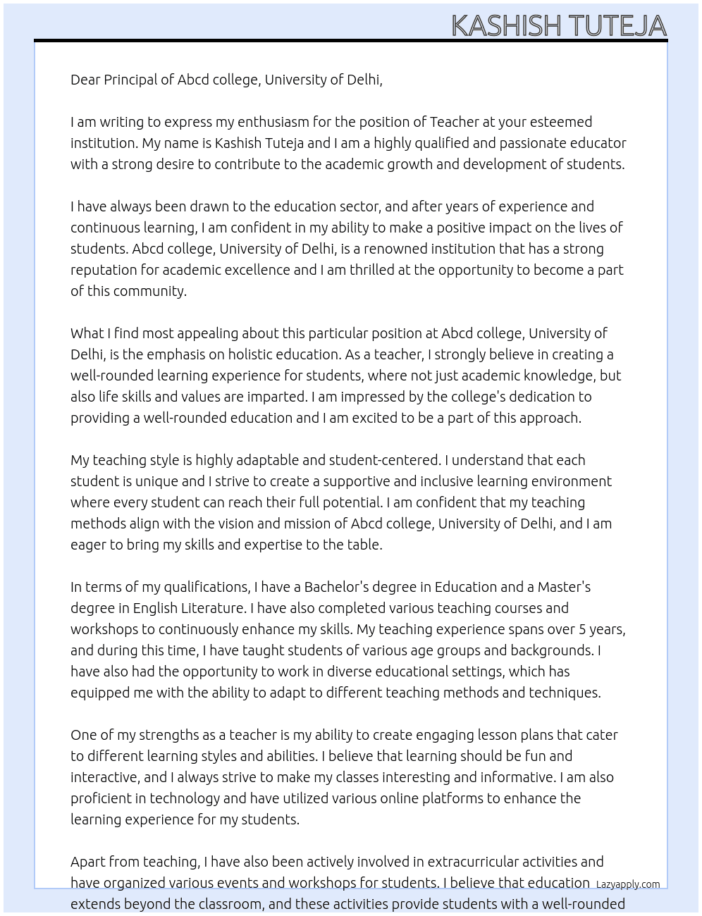 Teacher At Abcd college, university of delhi Cover Letter